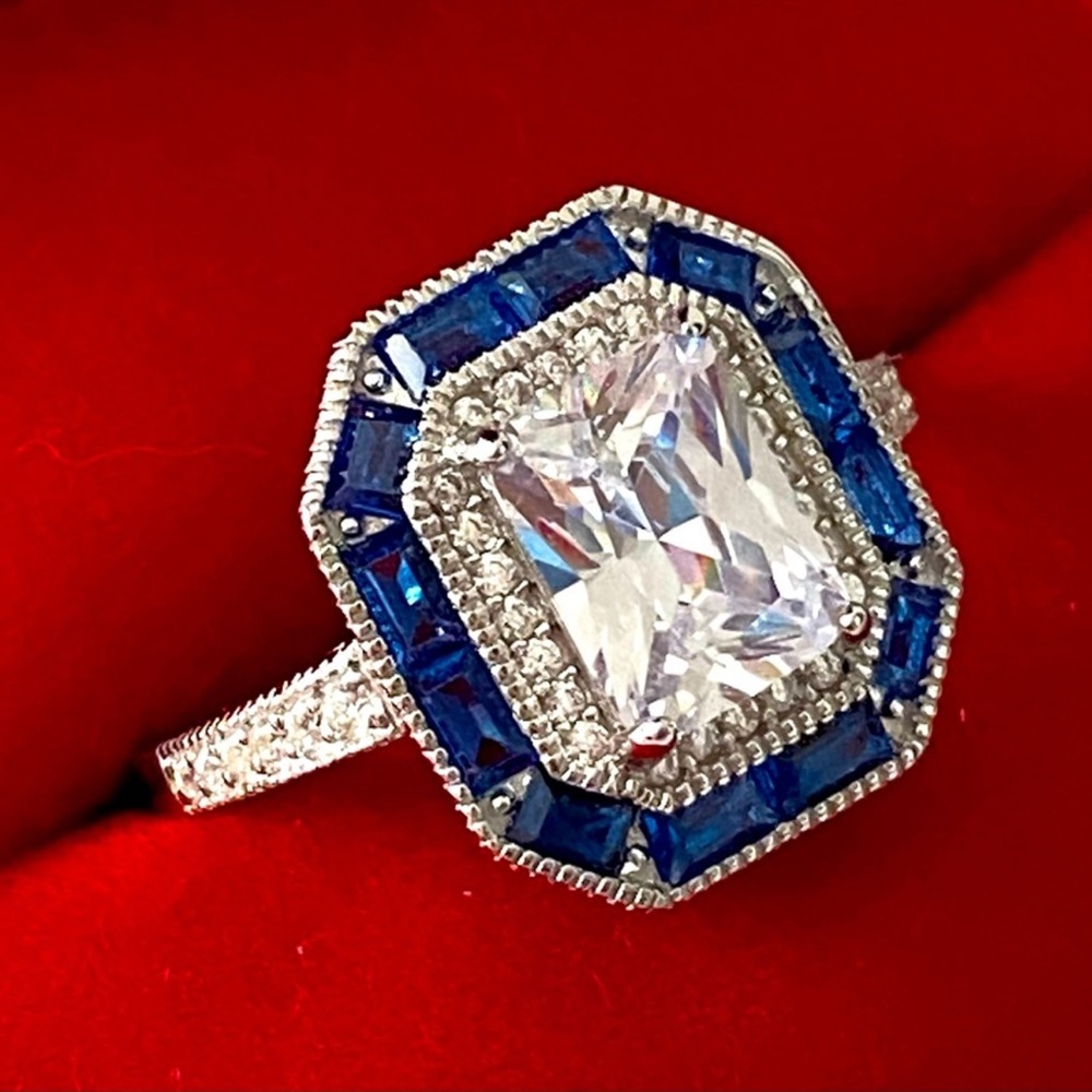 Sterling Silver Lab Sapphire Ring with Intricate Detailing Size 7 - Picture 7 of 15